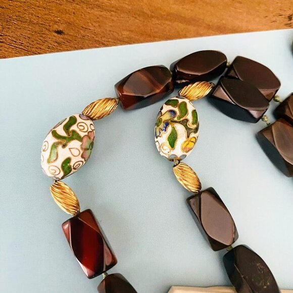 Vintage Cloisonné Ping An Kou Pendant Necklace With Red Tigers Eye Beads 30" - Picture 5 of 6